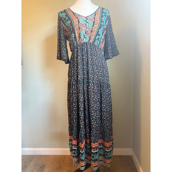 Dress boho chic medium floral fall blue red maxi cottage core whimsigoth - Picture 1 of 6